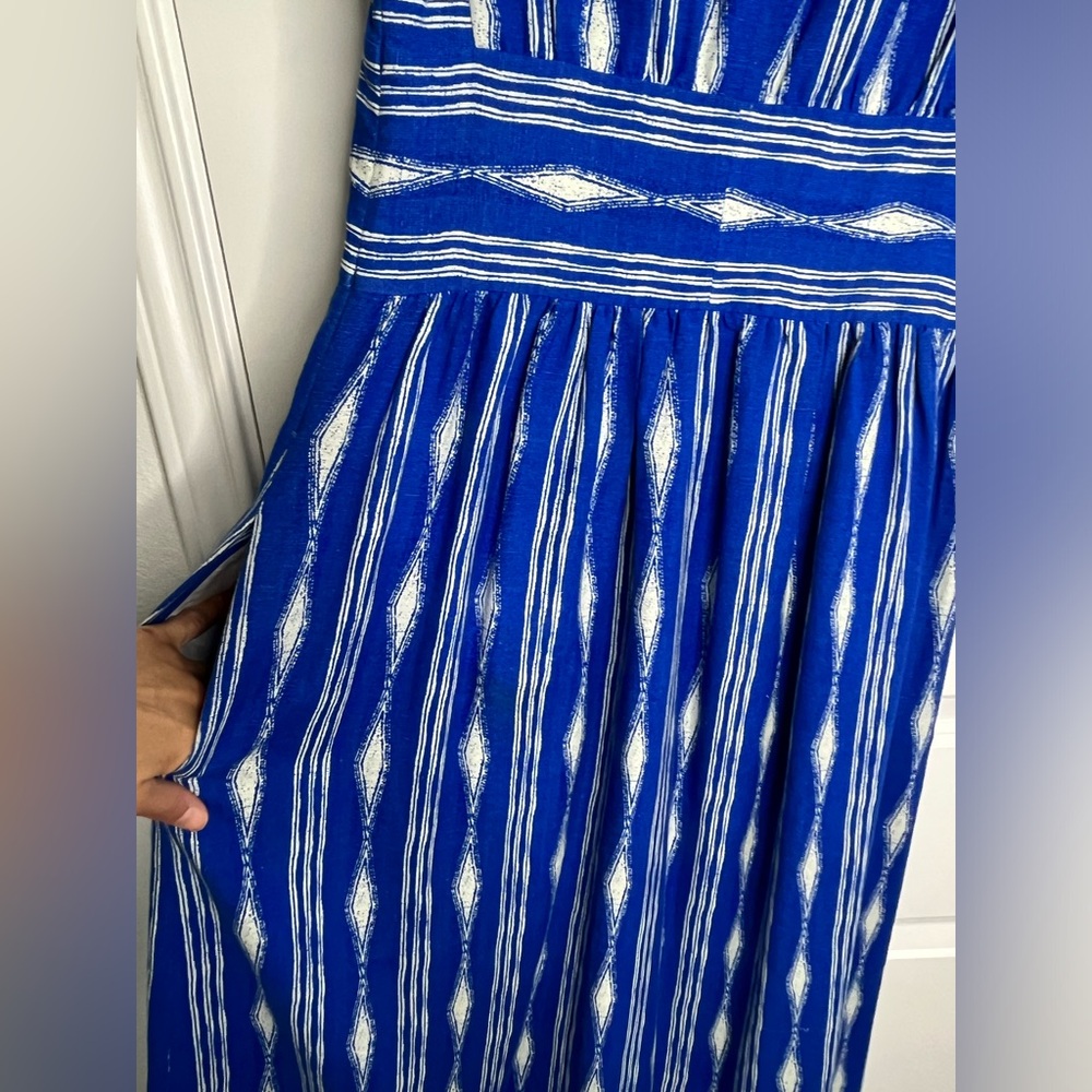 Anthropologie MADCHEN Skywriter Ikat Print Silk Linen Blend Maxi Dress Size 6 - Picture 11 of 15